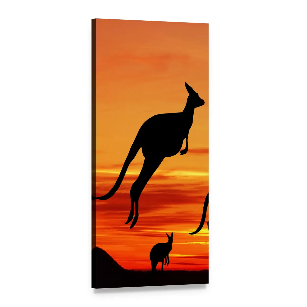 Leaping Kangaroo Silhouette at Sunset Vertical Canvas Wall Art, 1 panel 1 Vertical layout gallery wrapped canvas set, angled product view