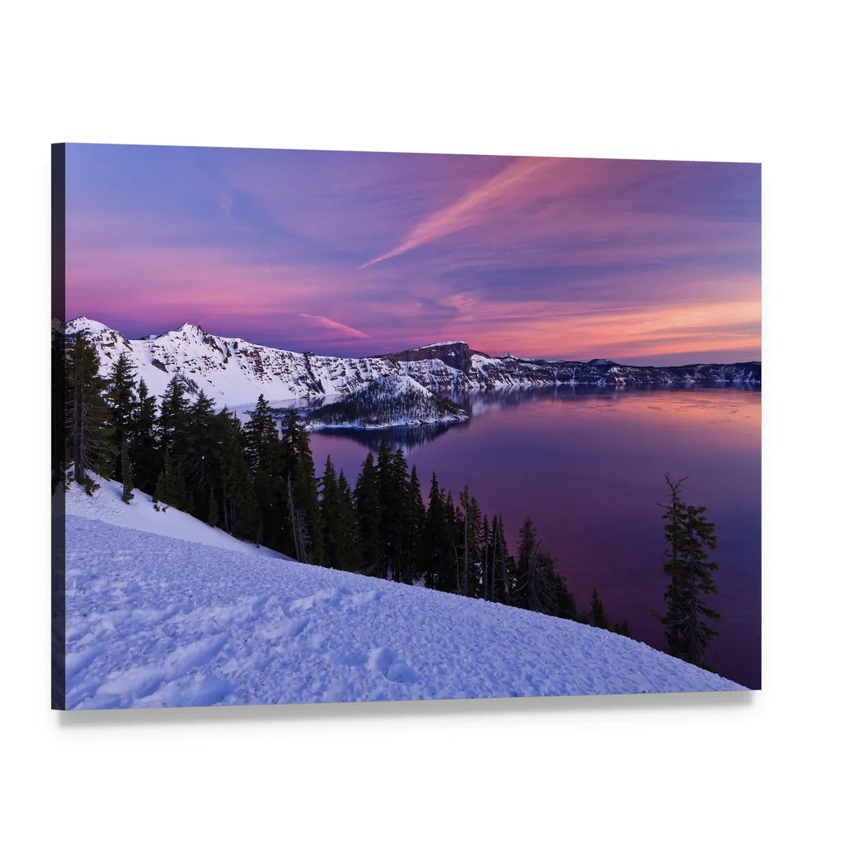 Crater Lake Winter Twilight Landscape Canvas Wall Art, single panel gallery wrapped canvas, angled product view