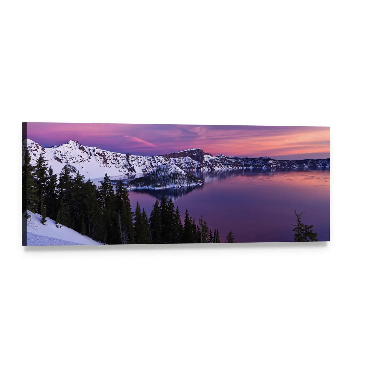 Winter Twilight Lake with Snow-capped Mountains Panoramic Canvas Wall Art, single panel gallery wrapped canvas, angled product view