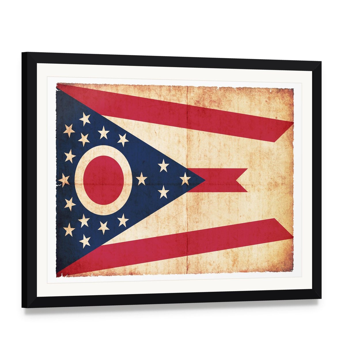 Ohio State Flag Vintage Burgee Canvas Wall Art, framed print with white mat and black frame, angled product view