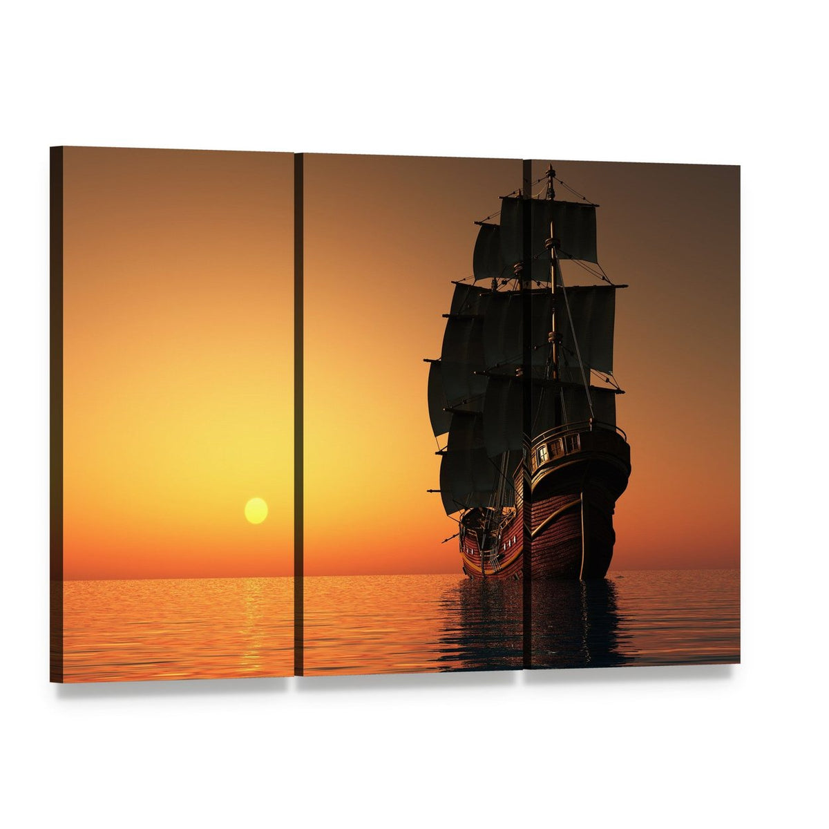 Tall Ship with Black Sails at Sunset Canvas Wall Art, 3 panel 3 Horizontal layout gallery wrapped canvas set, angled product view