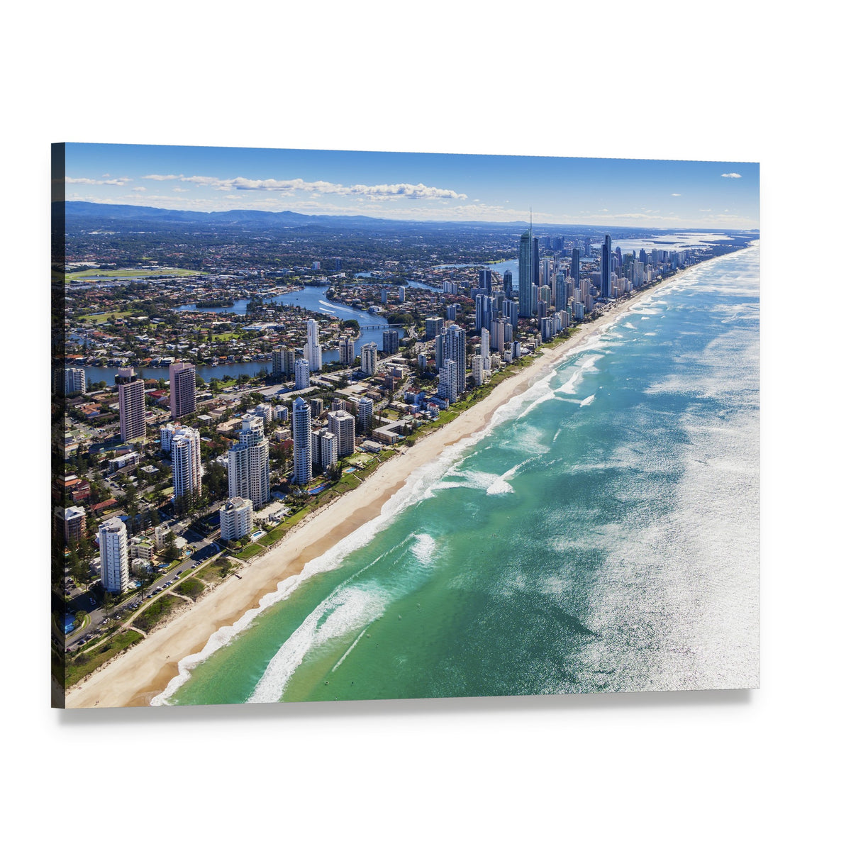 Coastal Cityscape Over Turquoise Ocean Canvas Wall Art, single panel gallery wrapped canvas, angled product view