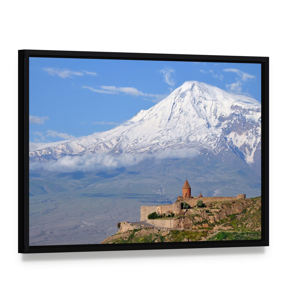 Khor Virap Monastery with Snow-capped Peak Canvas Wall Art, framed canvas in a black floater frame, angled product view