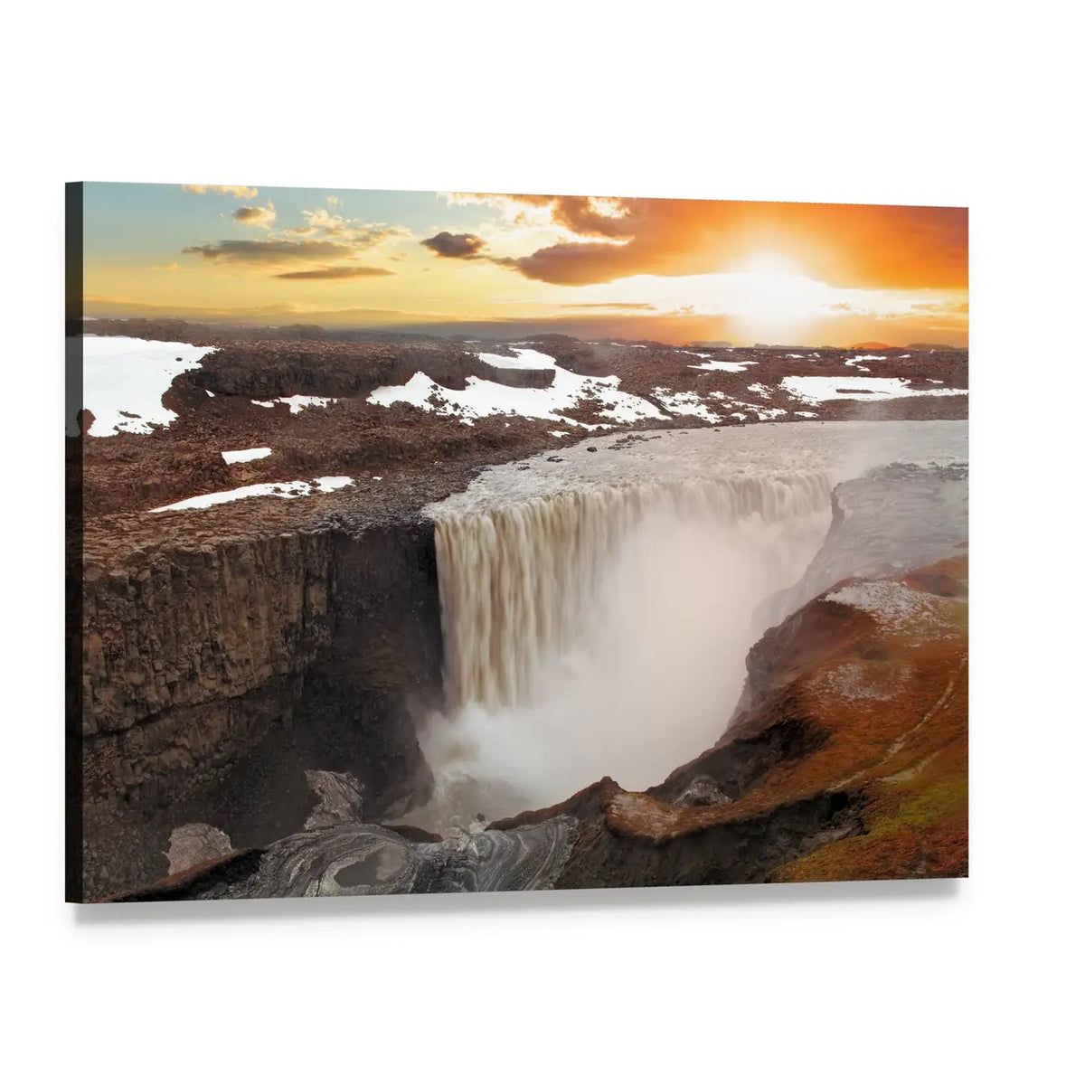 Sunset Waterfall Over Cliffs Canvas Wall Art, single panel gallery wrapped canvas, angled product view