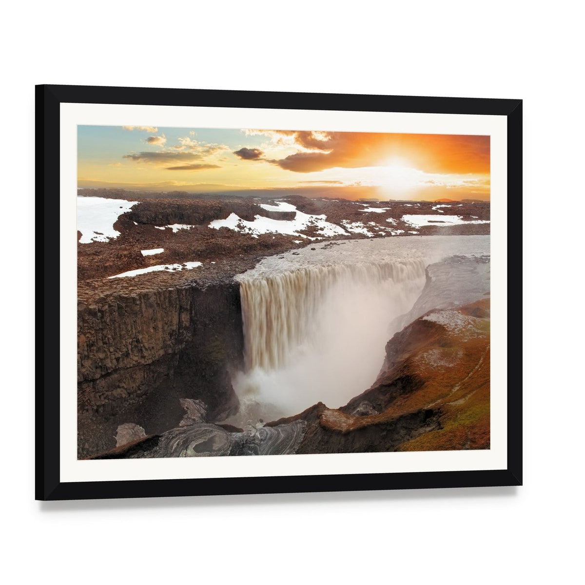 Majestic Dettifoss Waterfall in Iceland Canvas Wall Art, framed print with white mat and black frame, angled product view