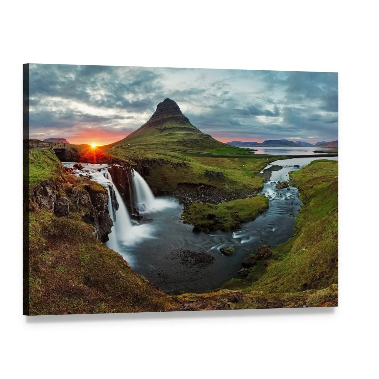 Kirkjufell Mountain and Waterfall at Sunset Canvas Wall Art, single panel gallery wrapped canvas, angled product view