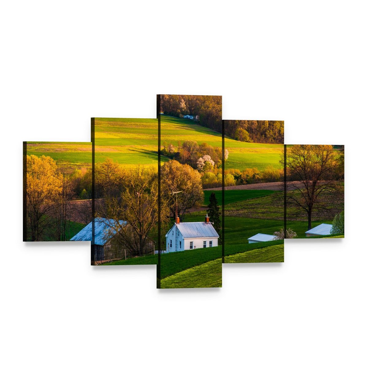 White Farmhouse and Weathered Barn at Golden Hour Canvas Wall Art, 5 panel 5 Star layout gallery wrapped canvas set, angled product view