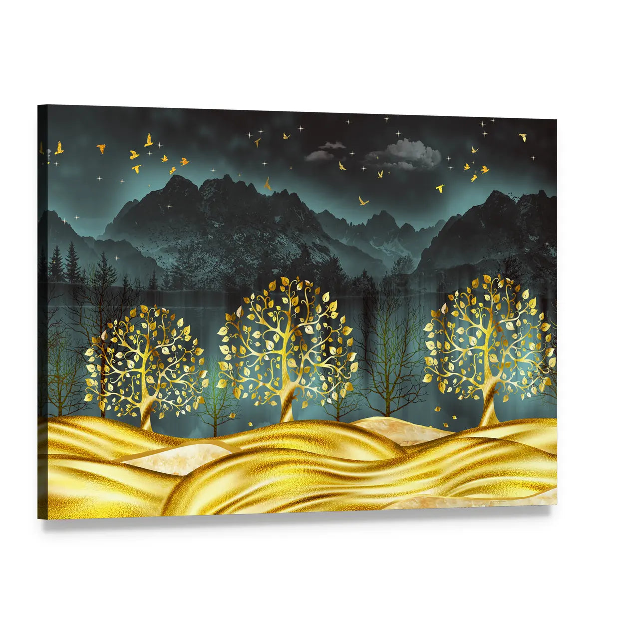 Moonlit Golden Trees Abstract Landscape Canvas Wall Art, single panel gallery wrapped canvas, angled product view