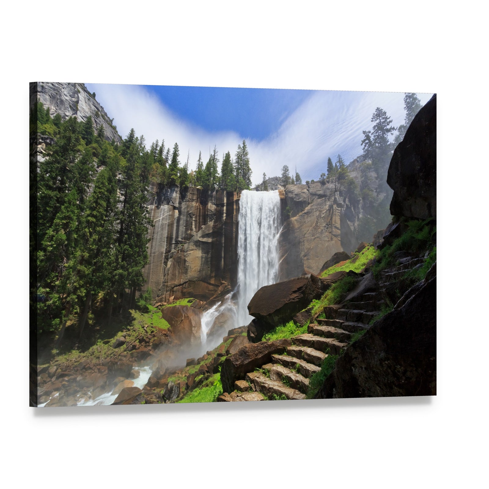 Yosemite Waterfall Amidst Greenery Canvas Wall Art, single panel gallery wrapped canvas, angled product view