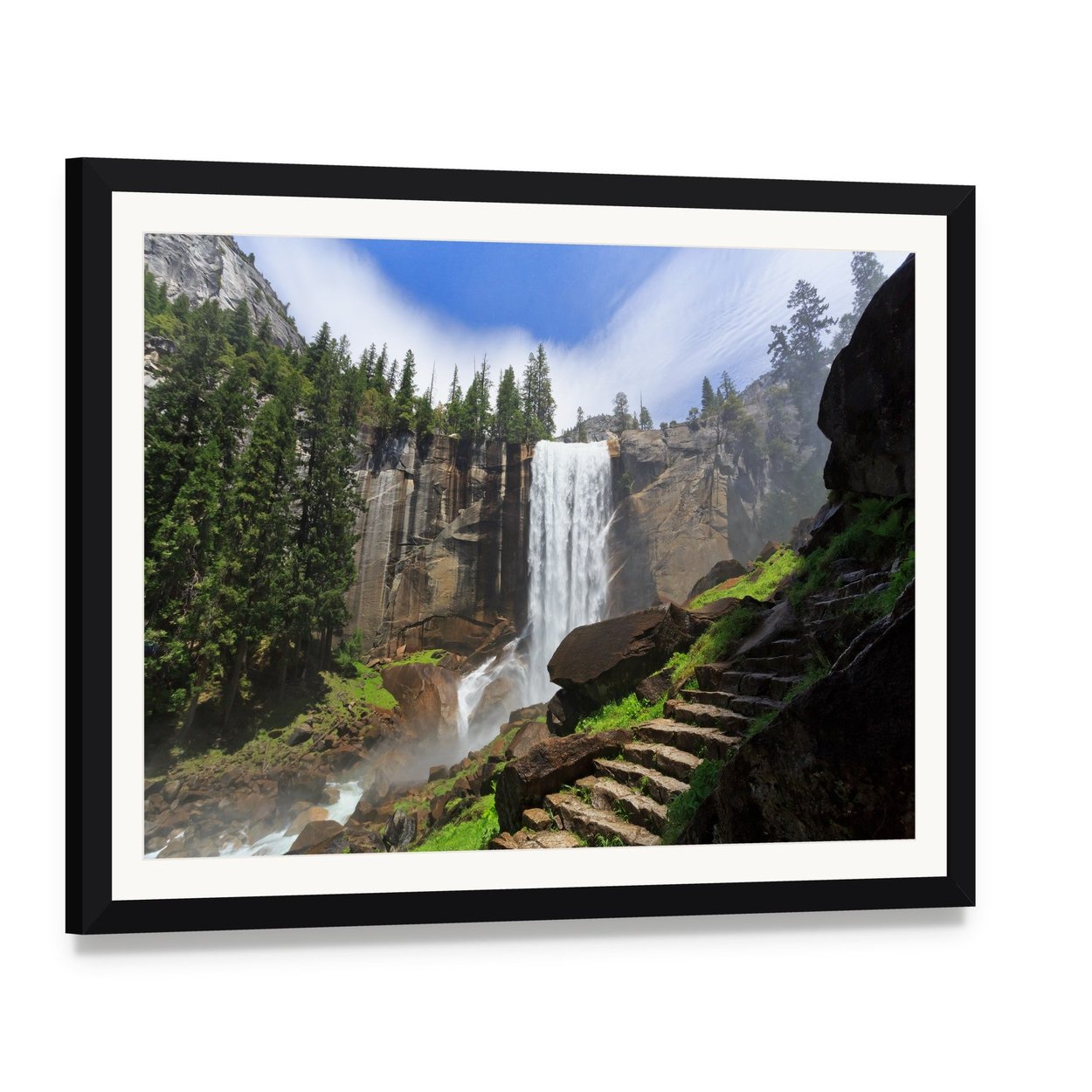 Yosemite Waterfall Amidst Greenery Canvas Wall Art, framed print with white mat and black frame, angled product view