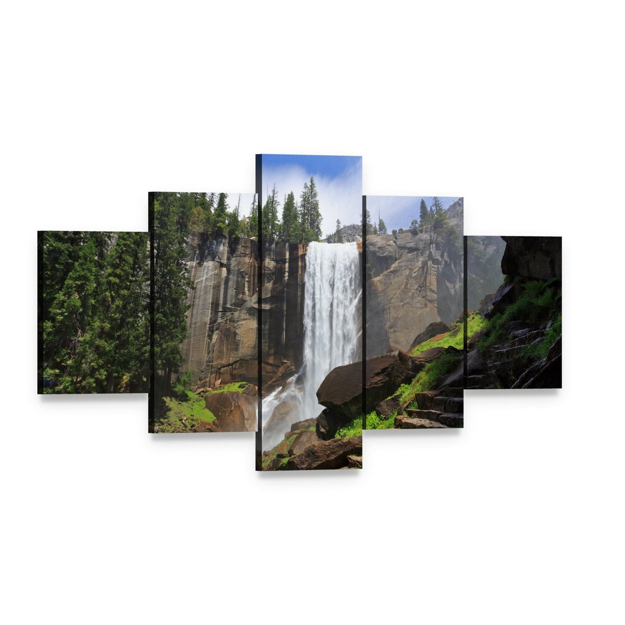 Yosemite Waterfall Amidst Greenery Canvas Wall Art, 5 panel 5 Star layout gallery wrapped canvas set, angled product view