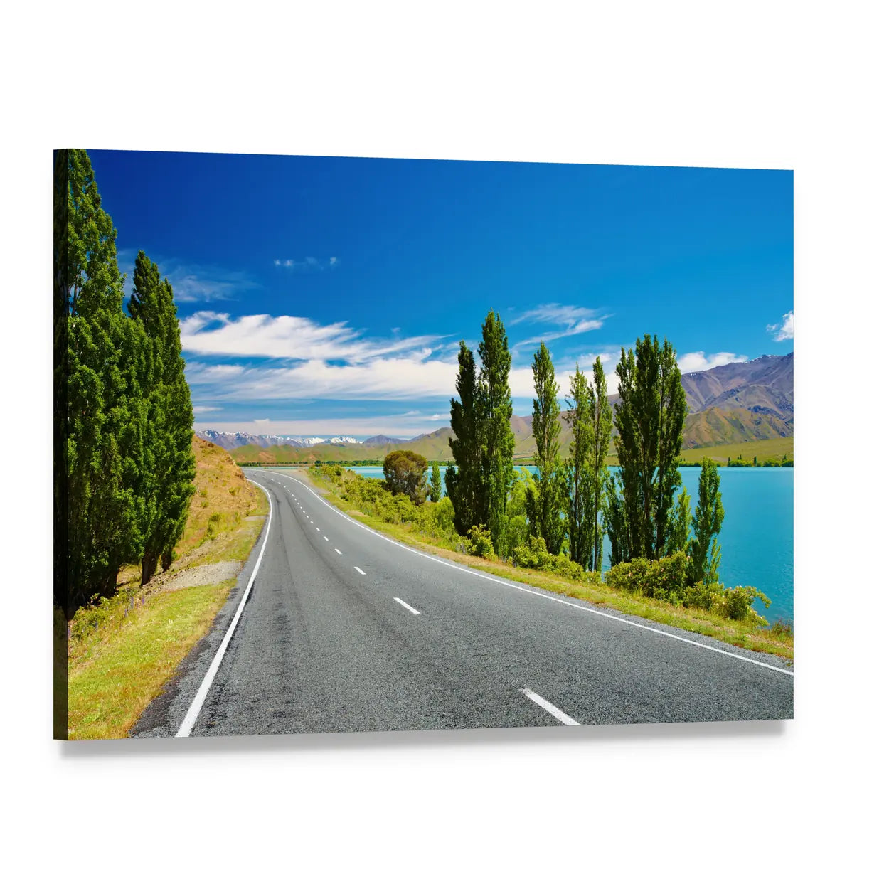 Lakeside Road with Distant Mountains Canvas Wall Art, single panel gallery wrapped canvas, angled product view