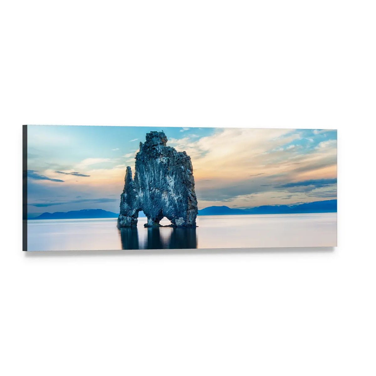 Basalt Sea Stack with Reflective Water Panoramic Canvas Wall Art, single panel gallery wrapped canvas, angled product view