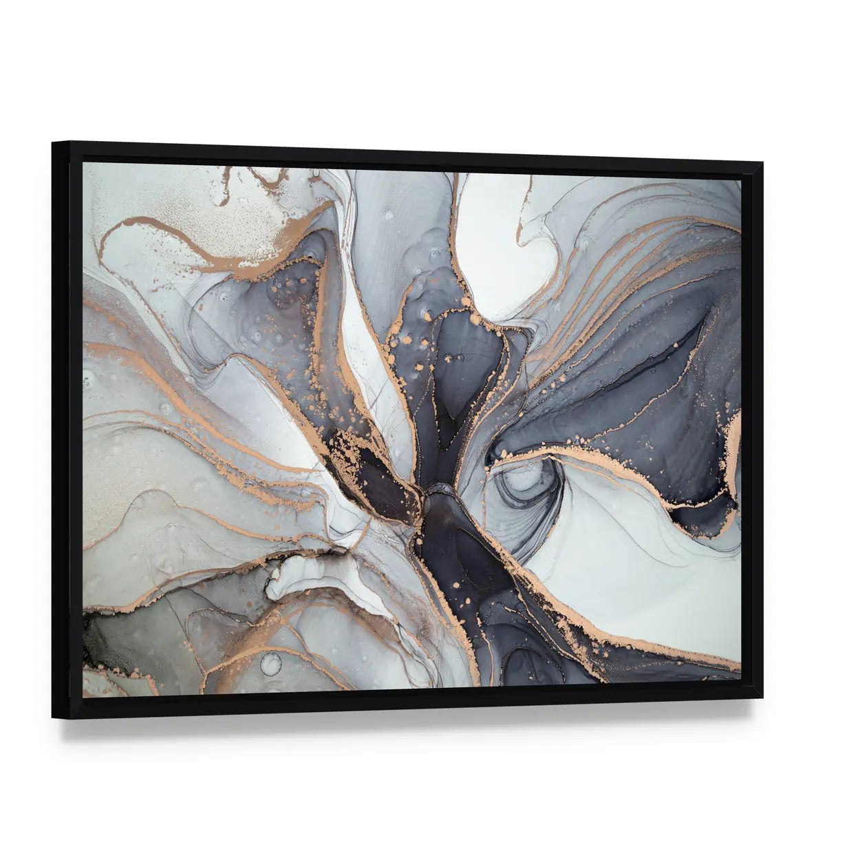 Alcohol Ink Marble with Gold Accents Canvas Wall Art, framed canvas in a black floater frame, angled product view