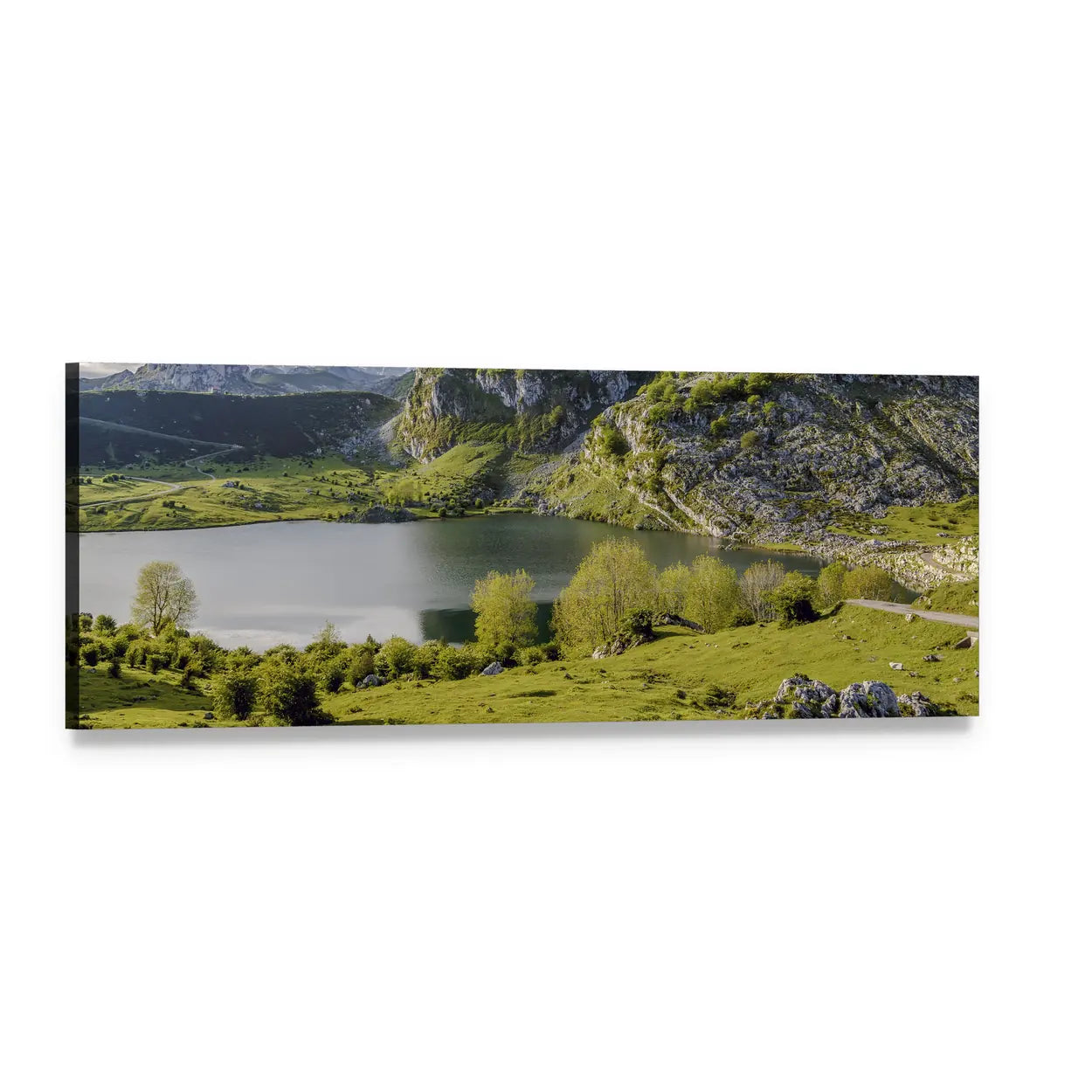 Lake Enol Mountains and Meadows Panoramic Canvas Wall Art, single panel gallery wrapped canvas, angled product view