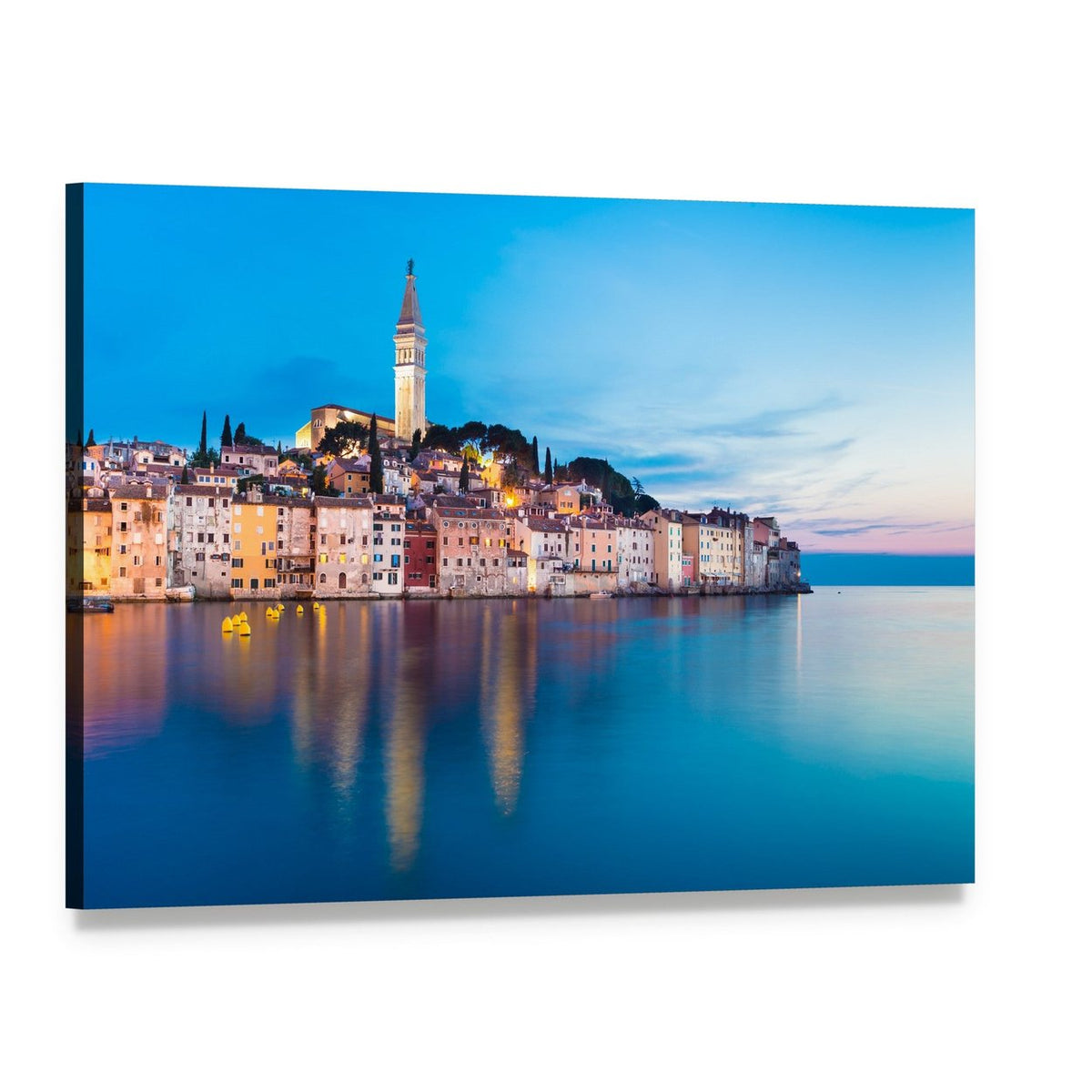 Rovinj Coastal Town at Dusk Canvas Wall Art, single panel gallery wrapped canvas, angled product view