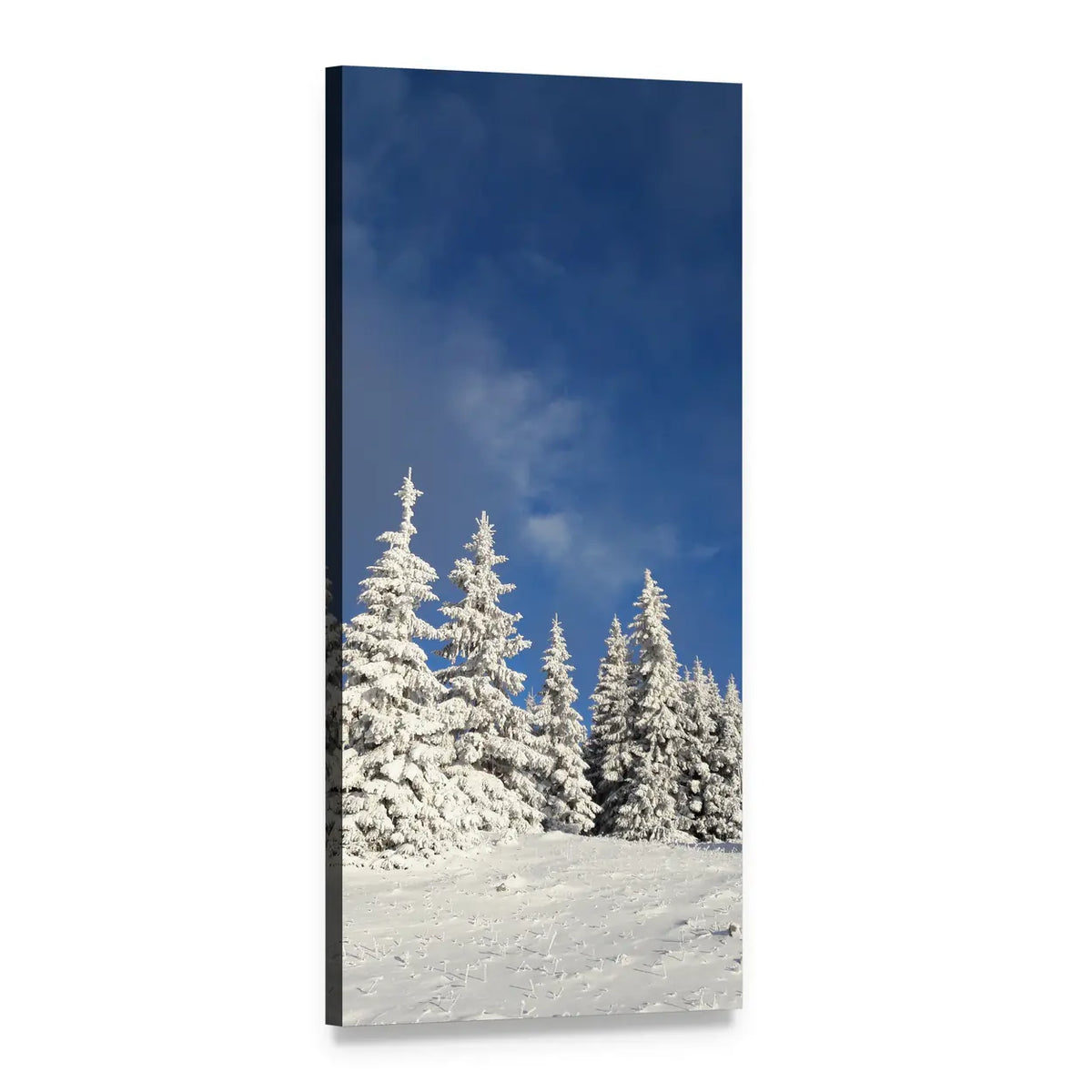 Snow-covered Evergreens Under Blue Sky Vertical Canvas Wall Art, 1 panel 1 Vertical layout gallery wrapped canvas set, angled product view