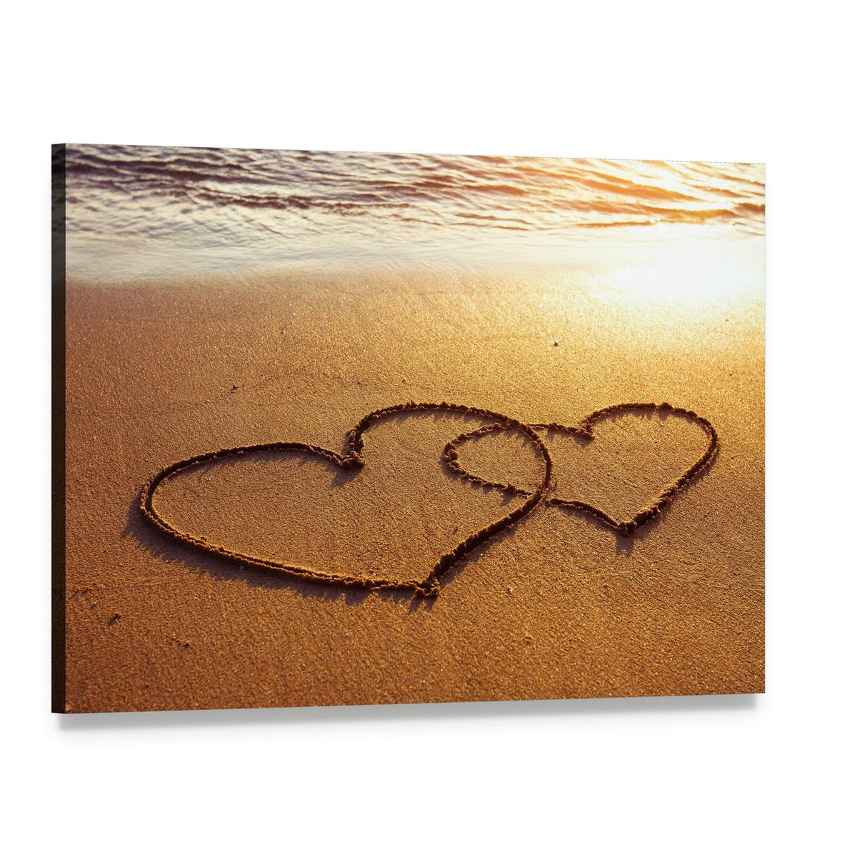 Valentine's Day Greetings on the Sand Two Hearts Canvas Wall Art, single panel gallery wrapped canvas, angled product view