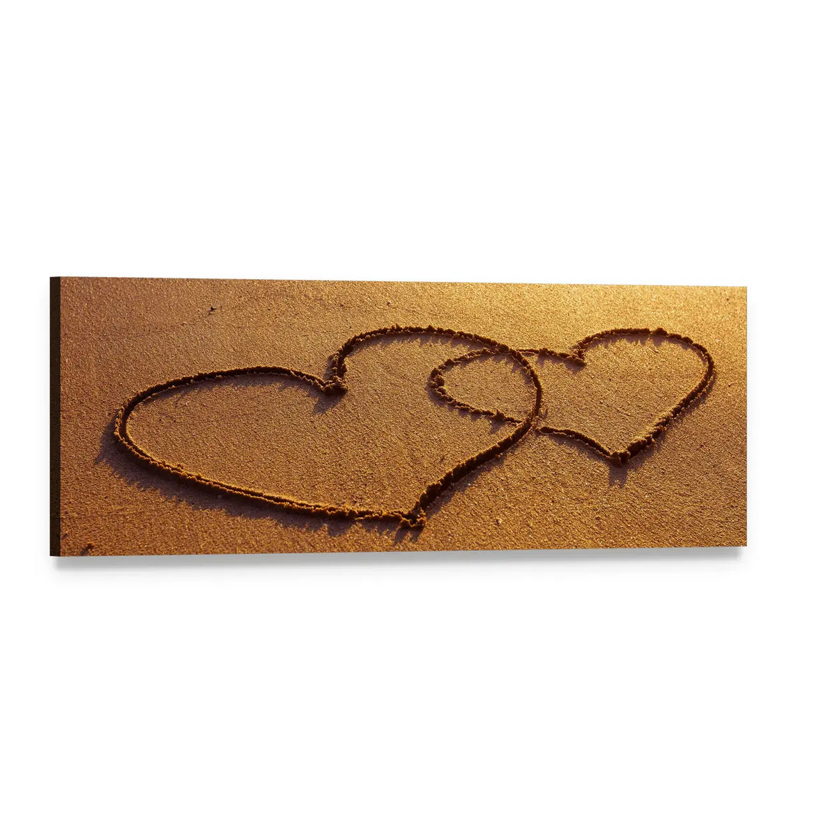 Interlocking Hearts in Sand at Golden Hour Panoramic Canvas Wall Art, single panel gallery wrapped canvas, angled product view