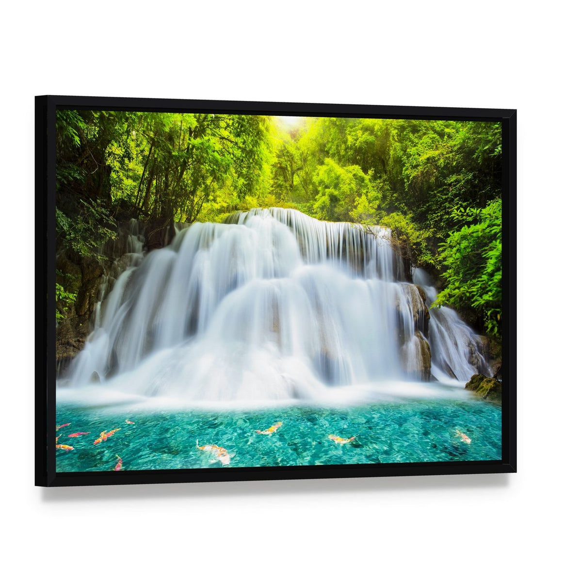Huai Mae Kamin Waterfall in Kanchanaburi Canvas Wall Art, framed canvas in a black floater frame, angled product view