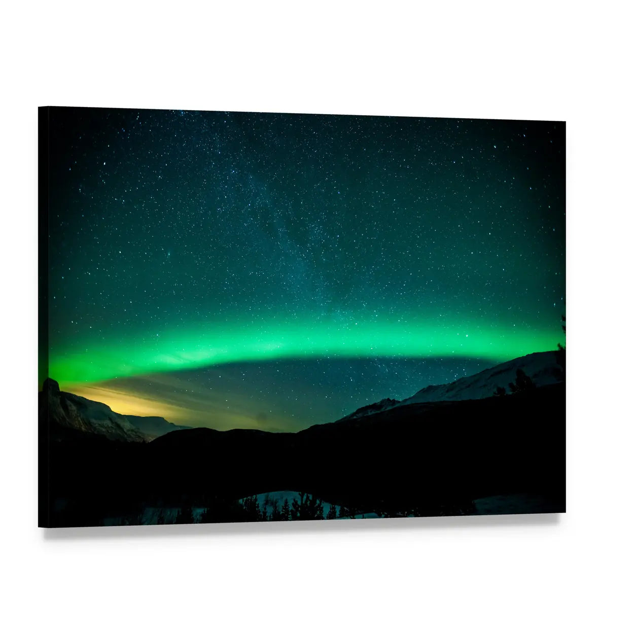 Aurora Borealis Over Mountain Silhouettes Canvas Wall Art, single panel gallery wrapped canvas, angled product view