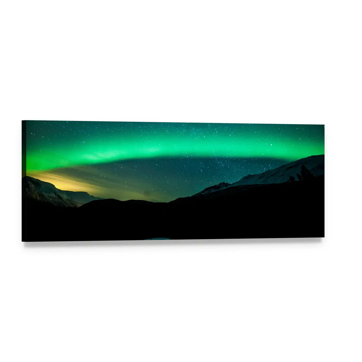 Northern Lights Arc Panoramic Canvas Wall Art, single panel gallery wrapped canvas, angled product view