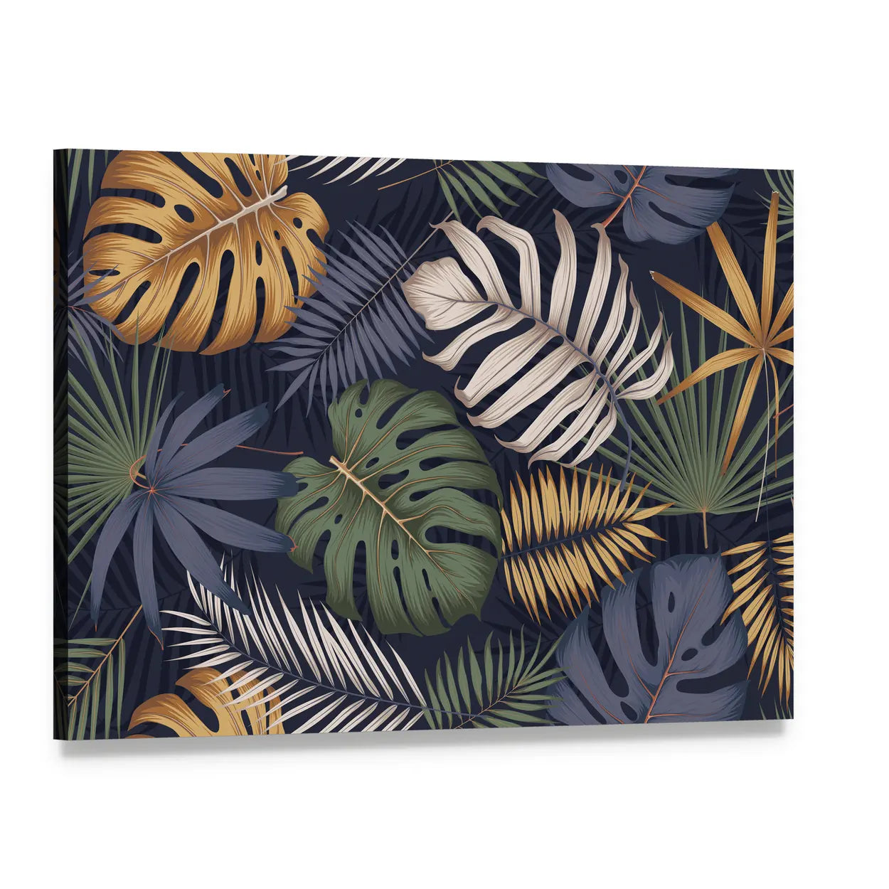 Monstera and Palm Leaf Pattern Canvas Wall Art, single panel gallery wrapped canvas, angled product view