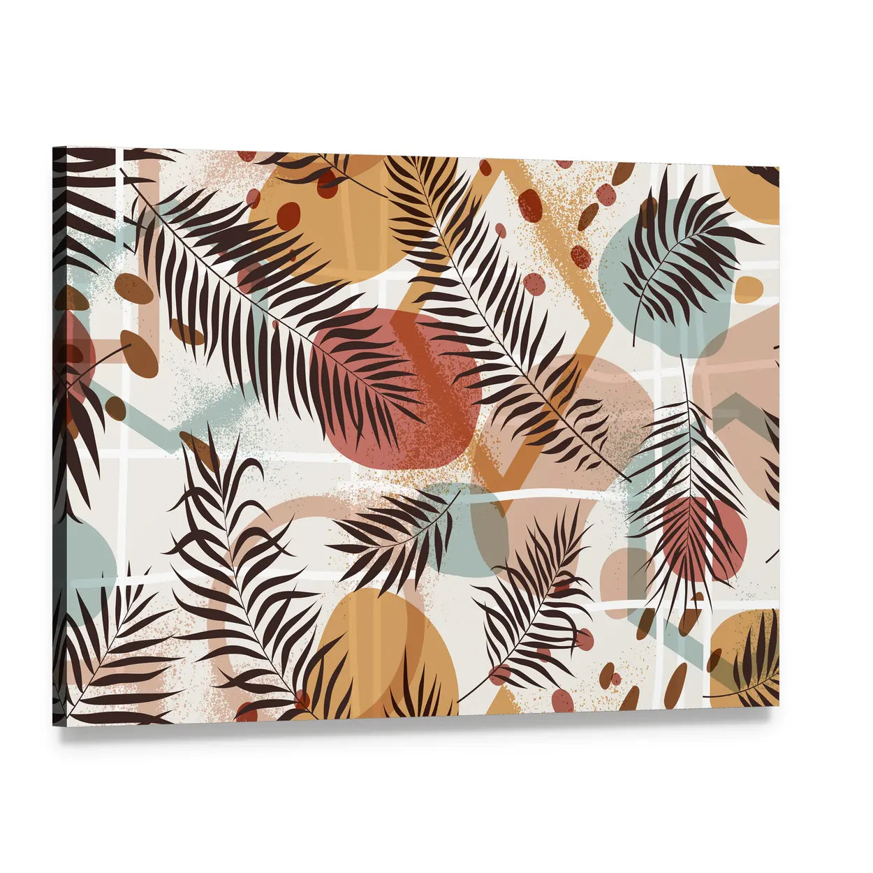 Terracotta Tropical Palm Fronds Pattern Canvas Wall Art, single panel gallery wrapped canvas, angled product view