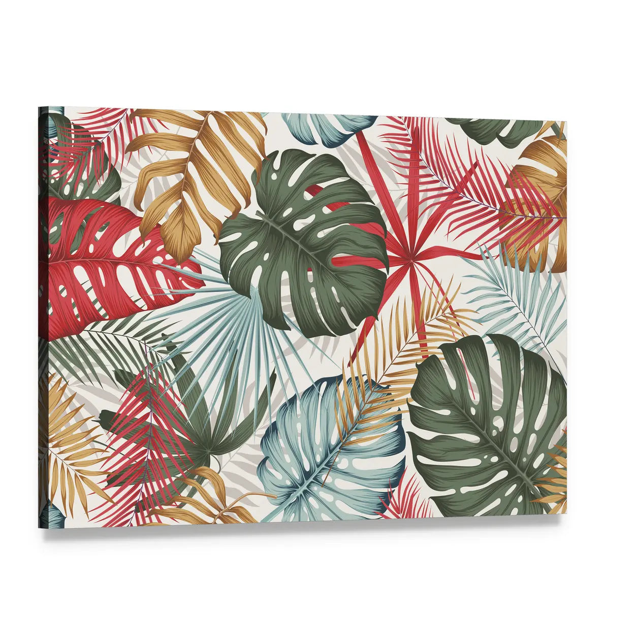 Seamless Colorful Monstera and Palm Leaves Canvas Wall Art, single panel gallery wrapped canvas, angled product view