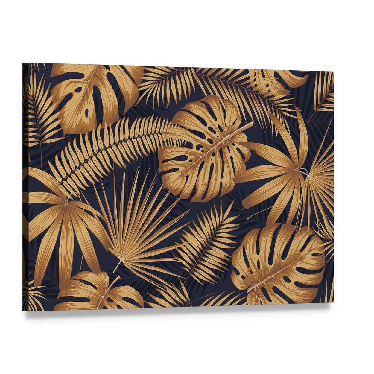 Golden Monstera and Palm Leaves Canvas Wall Art, single panel gallery wrapped canvas, angled product view