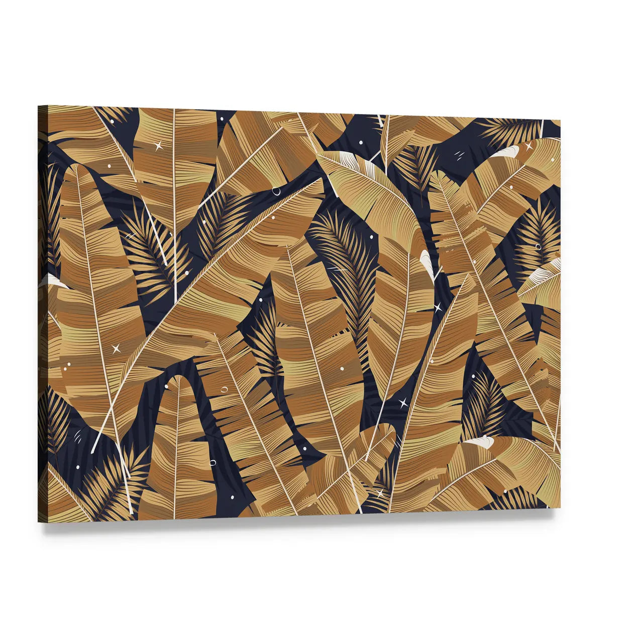 Banana Leaves Pattern in Navy and Gold Canvas Wall Art, single panel gallery wrapped canvas, angled product view