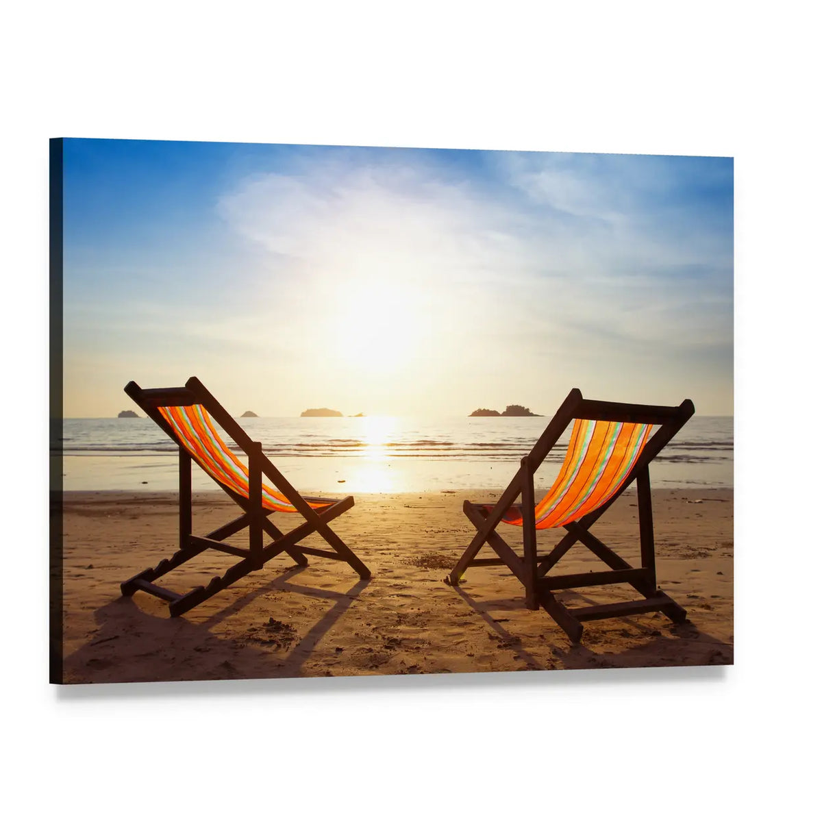 Two Deck Chairs at Sunset Beach Canvas Wall Art, single panel gallery wrapped canvas, angled product view
