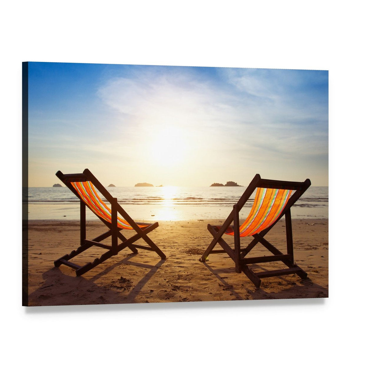 Two Beach Chairs at Sunset Canvas Wall Art, single panel gallery wrapped canvas, angled product view