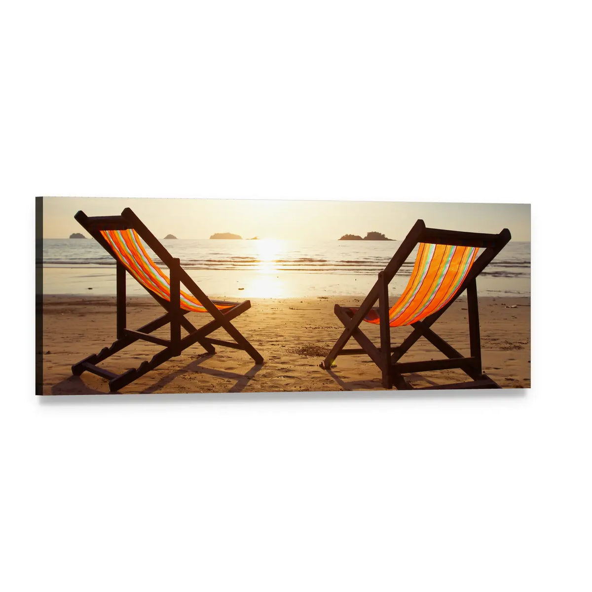 Two Deck Chairs on the Beach Panoramic Canvas Wall Art, single panel gallery wrapped canvas, angled product view