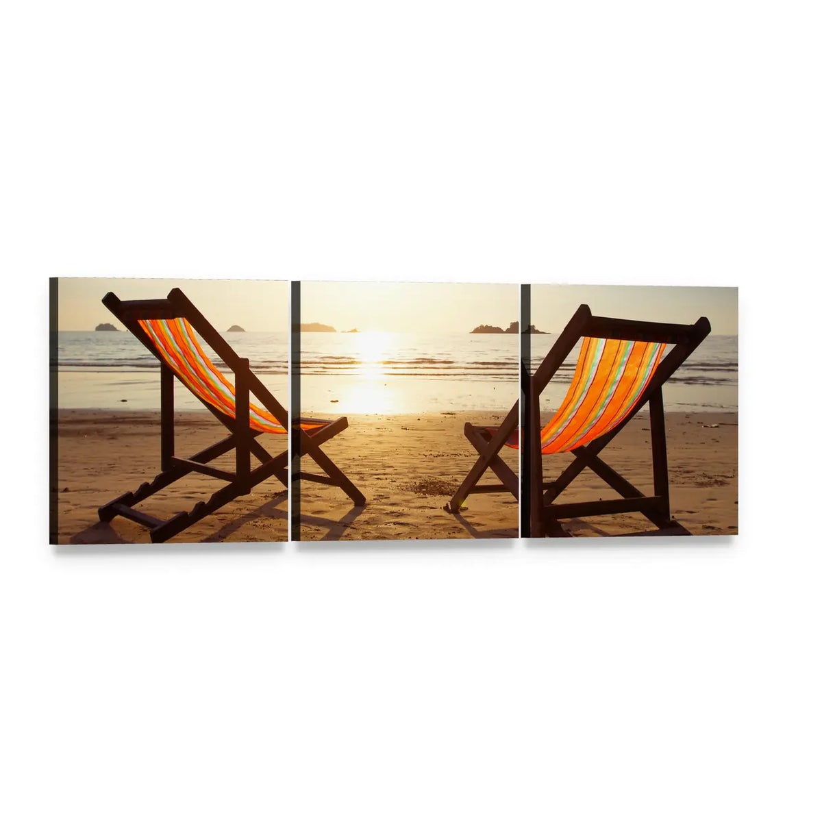 Two Deck Chairs on the Beach Panoramic Canvas Wall Art, 3 panel 3 Piece layout gallery wrapped canvas set, angled product view