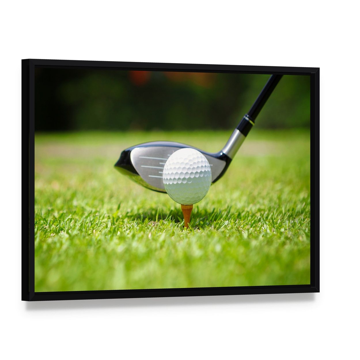 Golf Ball and Club Canvas Wall Art, framed canvas in a black floater frame, angled product view