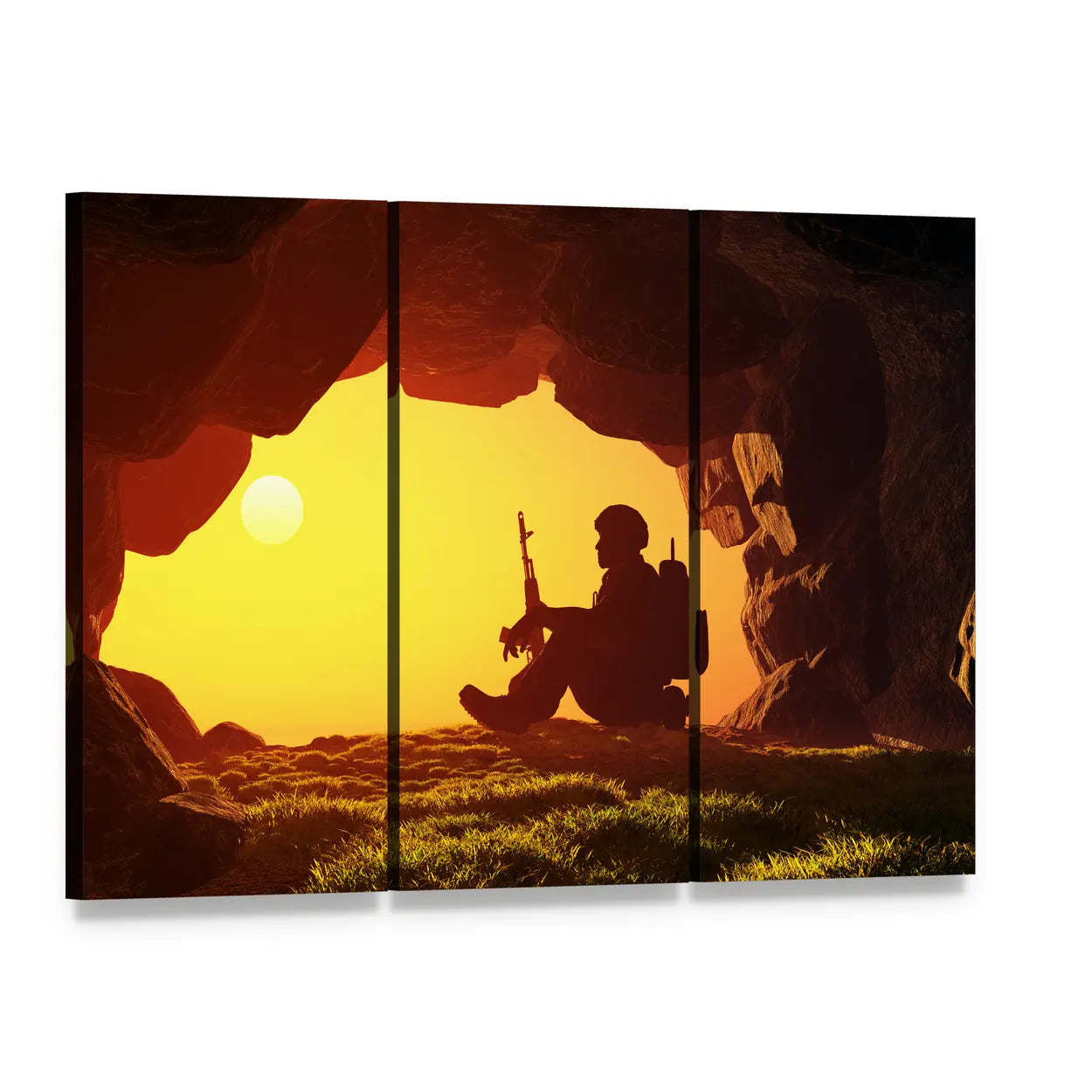 Soldier Silhouette in Cave Canvas Wall Art, 3 panel 3 Horizontal layout gallery wrapped canvas set, angled product view
