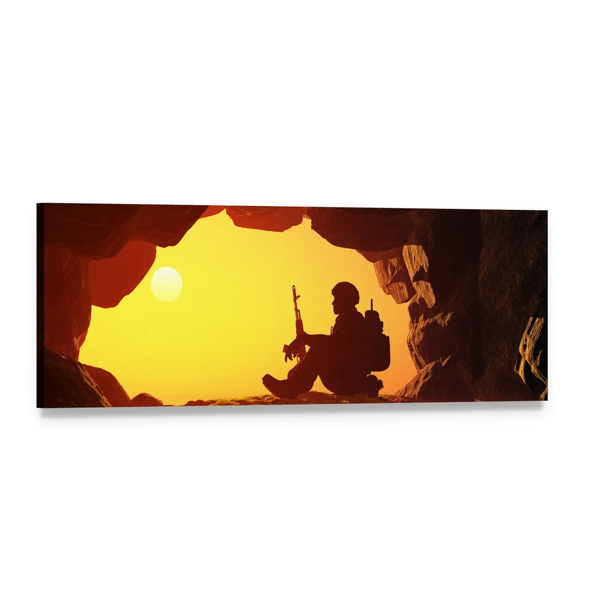 Soldier Silhouette in Cave at Sunset Panoramic Canvas Wall Art, single panel gallery wrapped canvas, angled product view