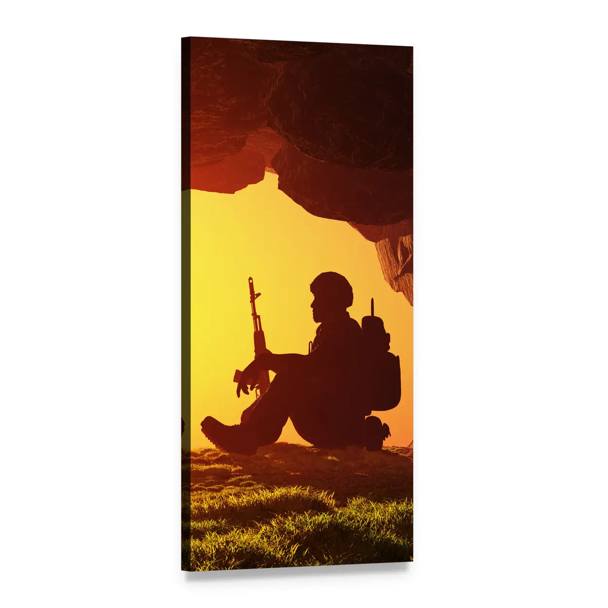 Soldier Silhouette in Cave at Sunset Vertical Canvas Wall Art, 1 panel 1 Vertical layout gallery wrapped canvas set, angled product view