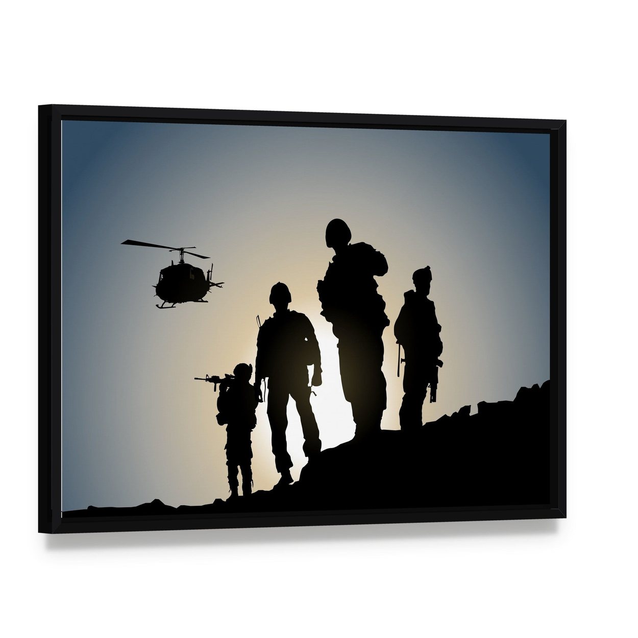 Army in Battlefield Canvas Wall Art, framed canvas in a black floater frame, angled product view