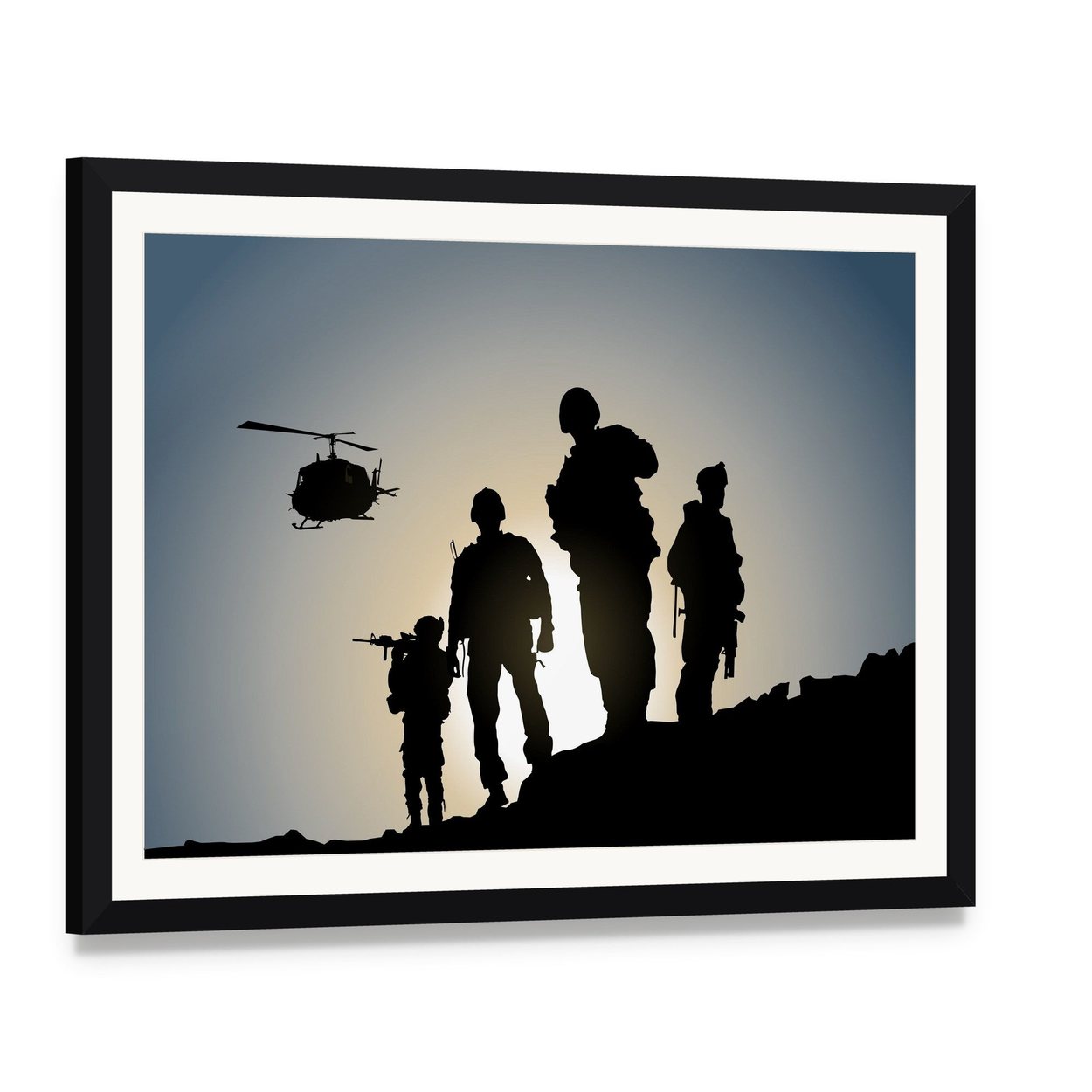 Army in Battlefield Canvas Wall Art, framed print with white mat and black frame, angled product view