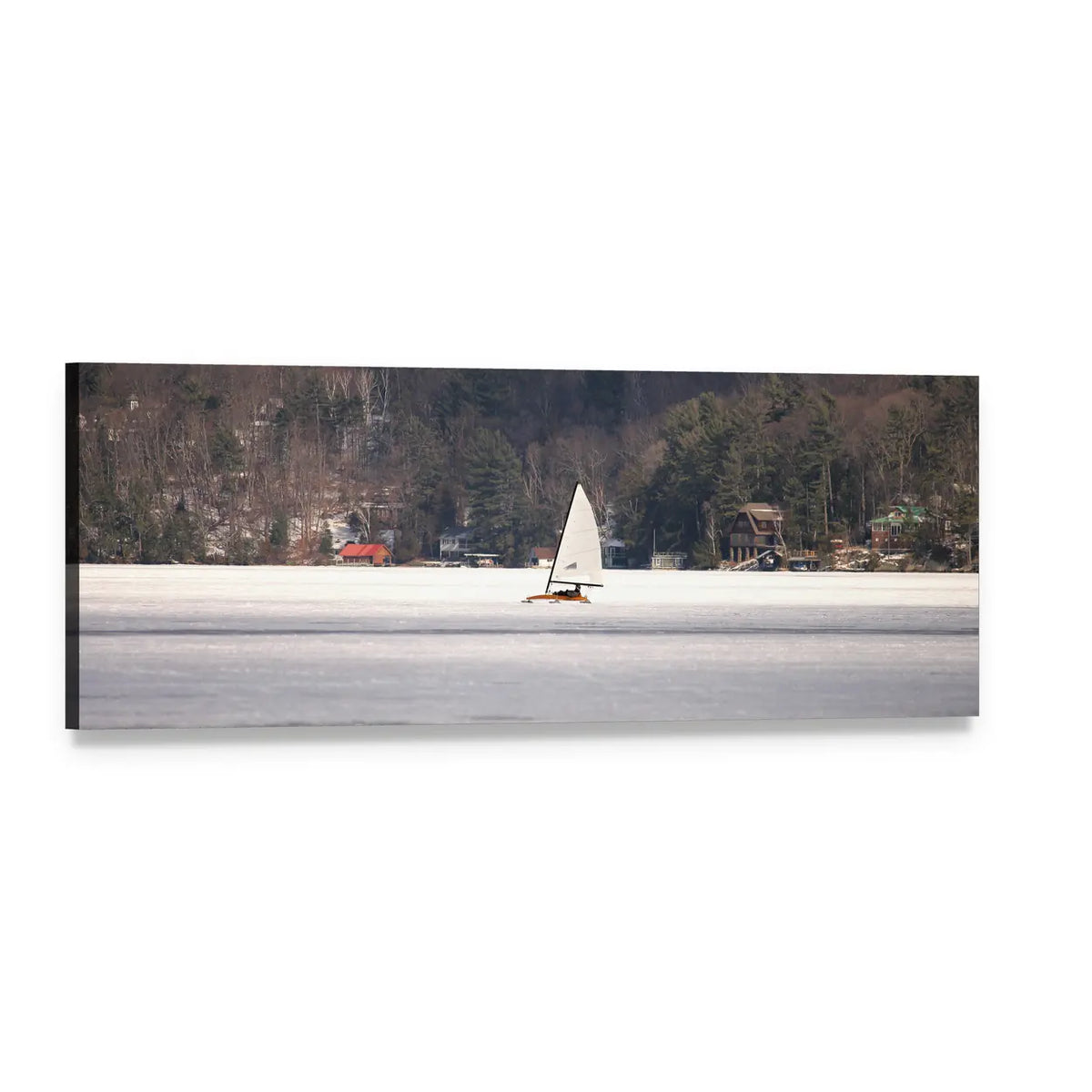 Ice Sailboat on Frozen Lake Panoramic Canvas Wall Art, single panel gallery wrapped canvas, angled product view