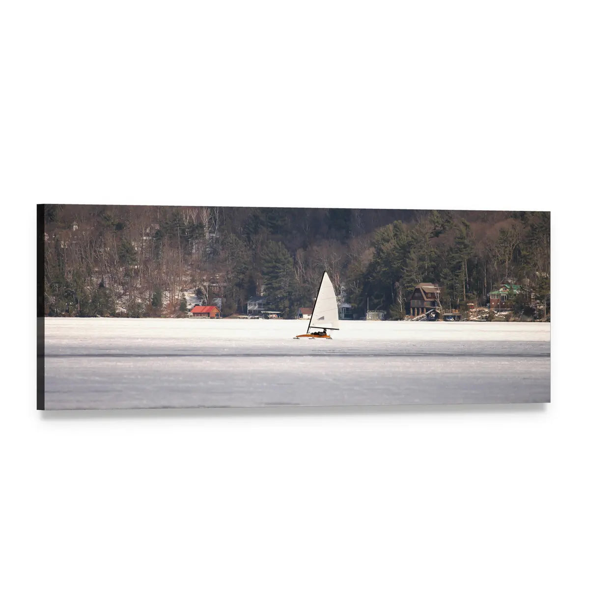 Ice Sailboat on Frozen Lake Panoramic Canvas Wall Art, single panel gallery wrapped canvas, angled product view
