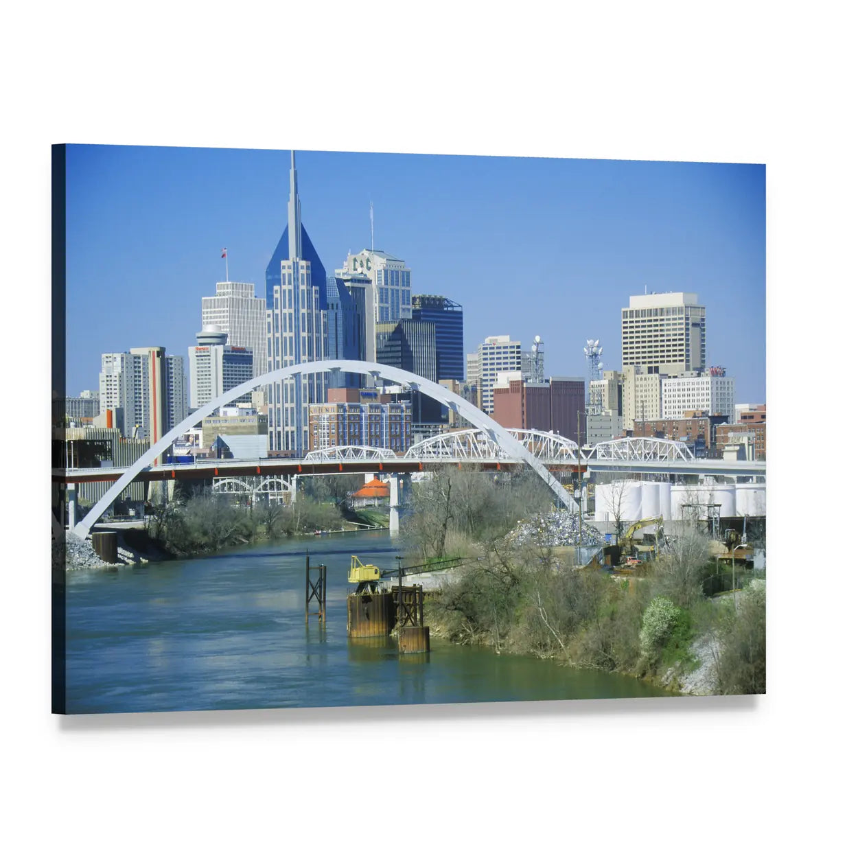 Nashville Skyline Over Cumberland River Canvas Wall Art, single panel gallery wrapped canvas, angled product view