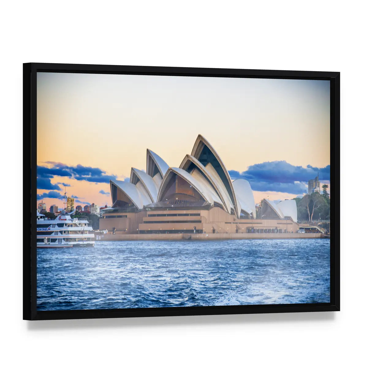 Sydney Opera House at Sunset Canvas Wall Art, framed canvas in a black floater frame, angled product view