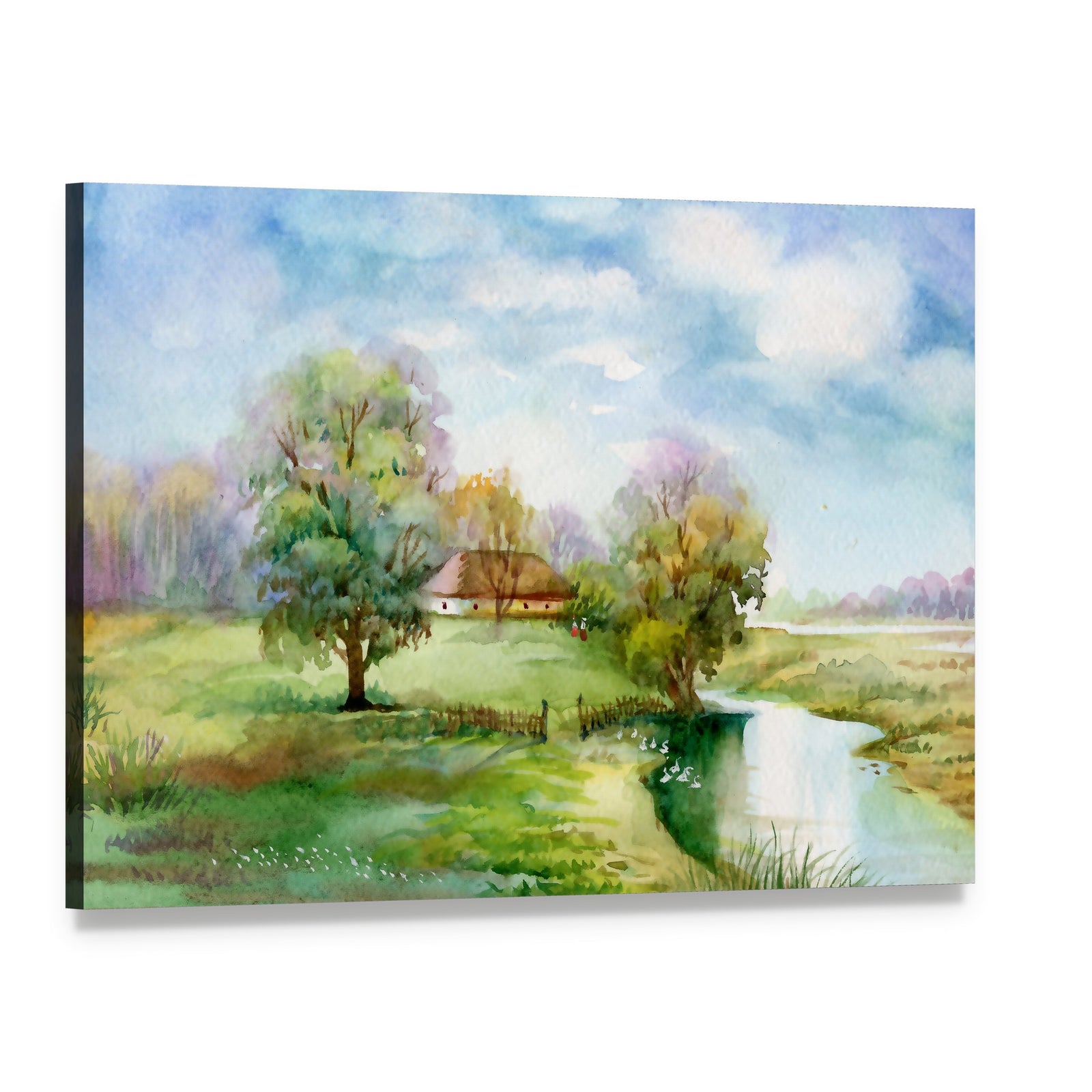 Stream Passing Through Small Village Canvas Wall Art, single panel gallery wrapped canvas, angled product view