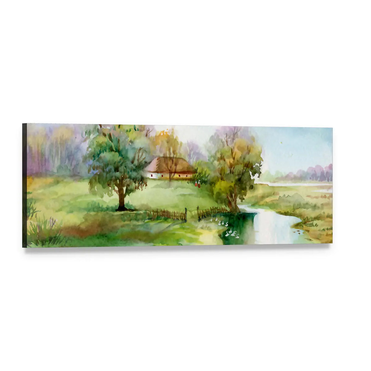 Watercolor Village with Thatched Cottage Panoramic Canvas Wall Art, single panel gallery wrapped canvas, angled product view