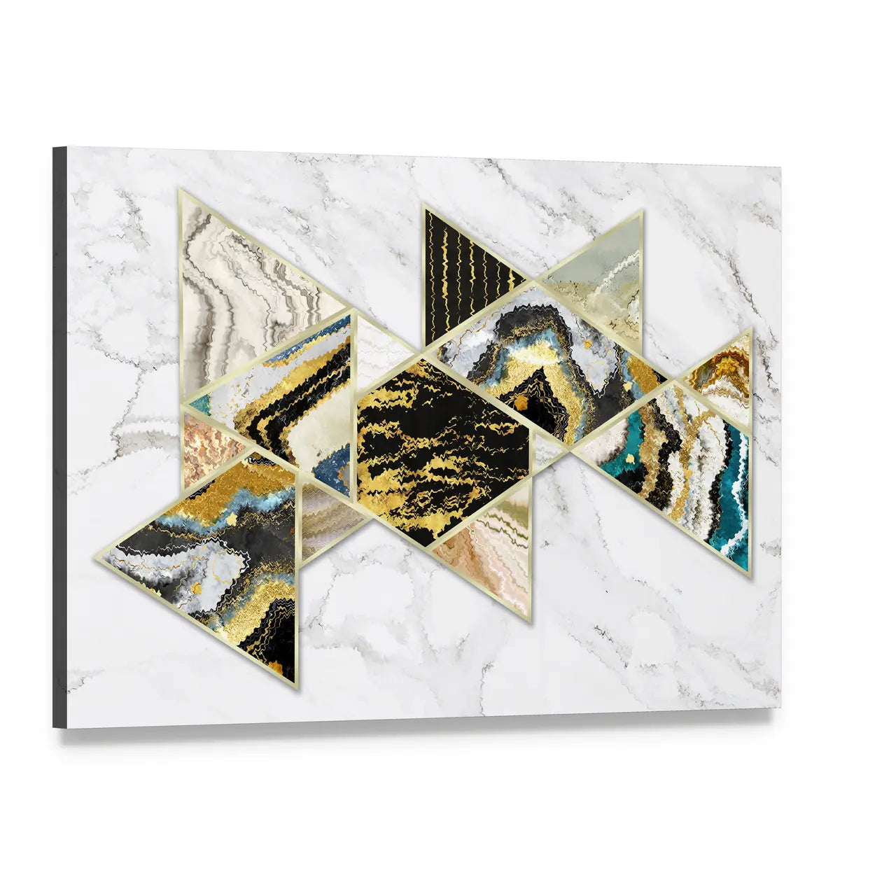 Gold-rimmed Geometric Geode on White Marble Canvas Wall Art, single panel gallery wrapped canvas, angled product view