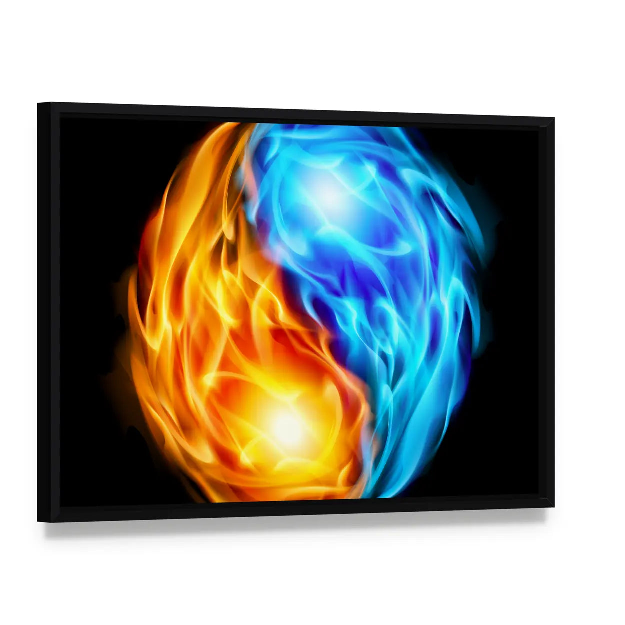Yin Yang Symbol with Fire and Ice Canvas Wall Art, framed canvas in a black floater frame, angled product view