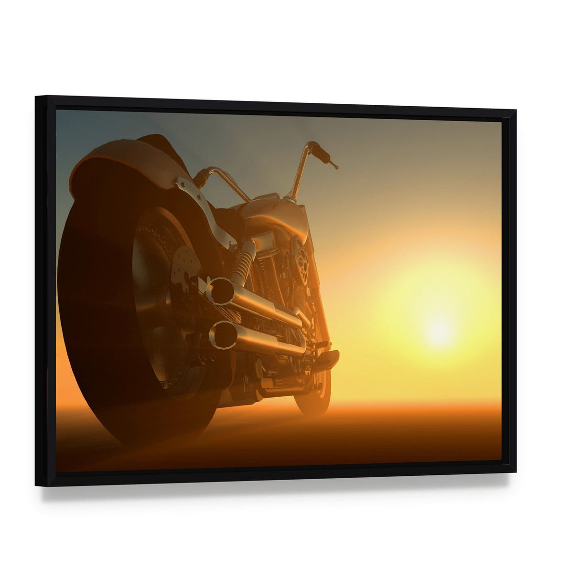 Motorcycle at Sunset Canvas Wall Art, framed canvas in a black floater frame, angled product view